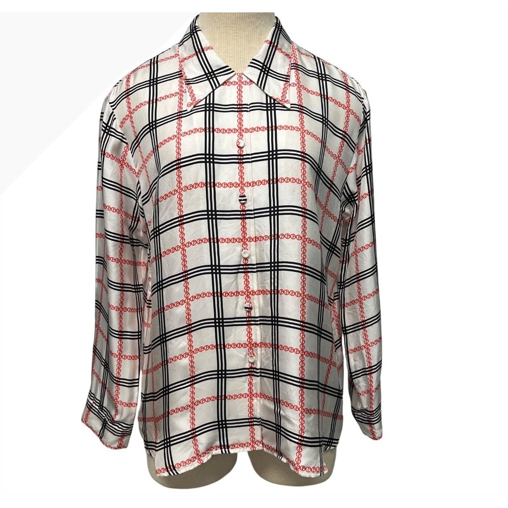 SIZE L XL 10 46 EU Giorgio Armani LOGO Womens Mulberry Silk Long Sleeve Blouse